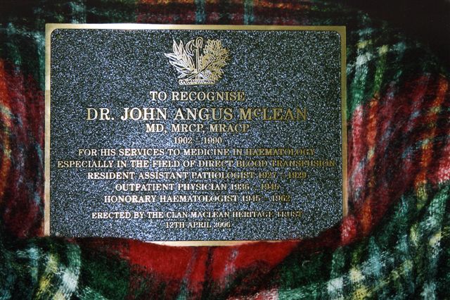 Plaque to Dr John Angus McLean Plaque